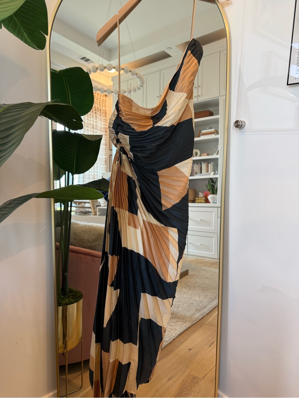 Vici One-Shoulder Pleated Colorblock Dress in Black and Tan